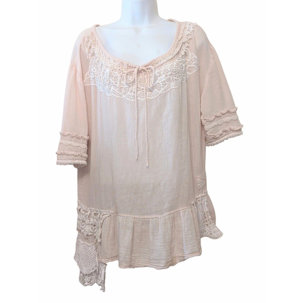 Johnny Was Babydoll Boho Ecru Top Lacy Peasant Size Large